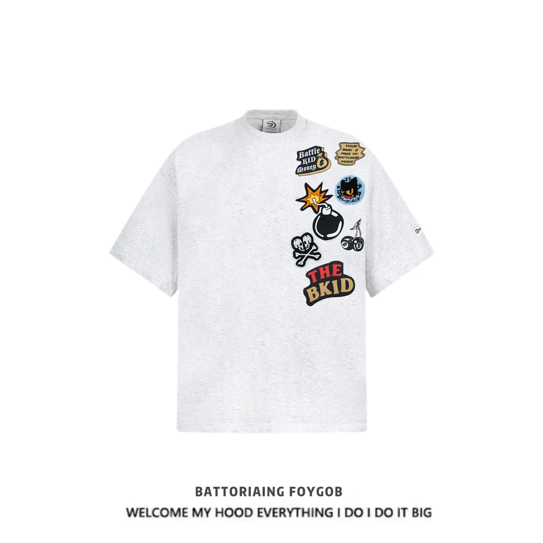 FOYGOB美式徽章短袖T恤男女夏季国潮宽松百搭嘻哈上衣情侣tee潮