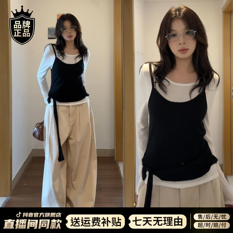 韩系假两件慵懒松弛感长袖t恤女装早秋2025新款叠穿修身显瘦上衣