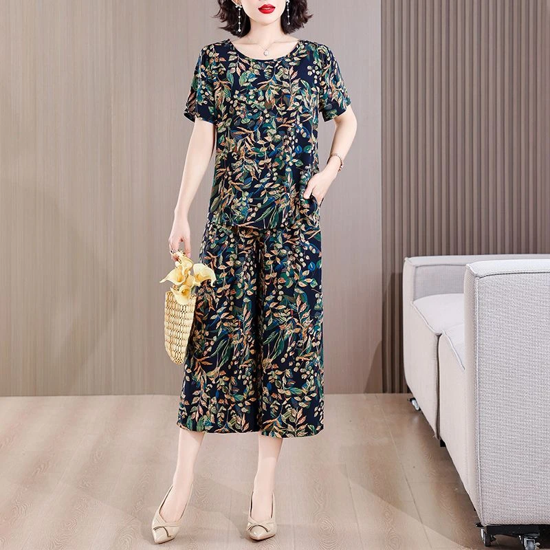 洋气棉绸套装女夏季新款时尚外穿宽松女士大码人造棉短袖两件套