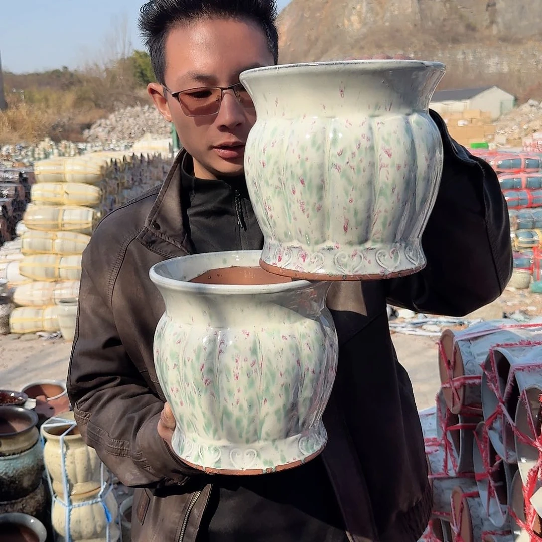 紫砂花盆口20高20（两个如意白色彩色南瓜