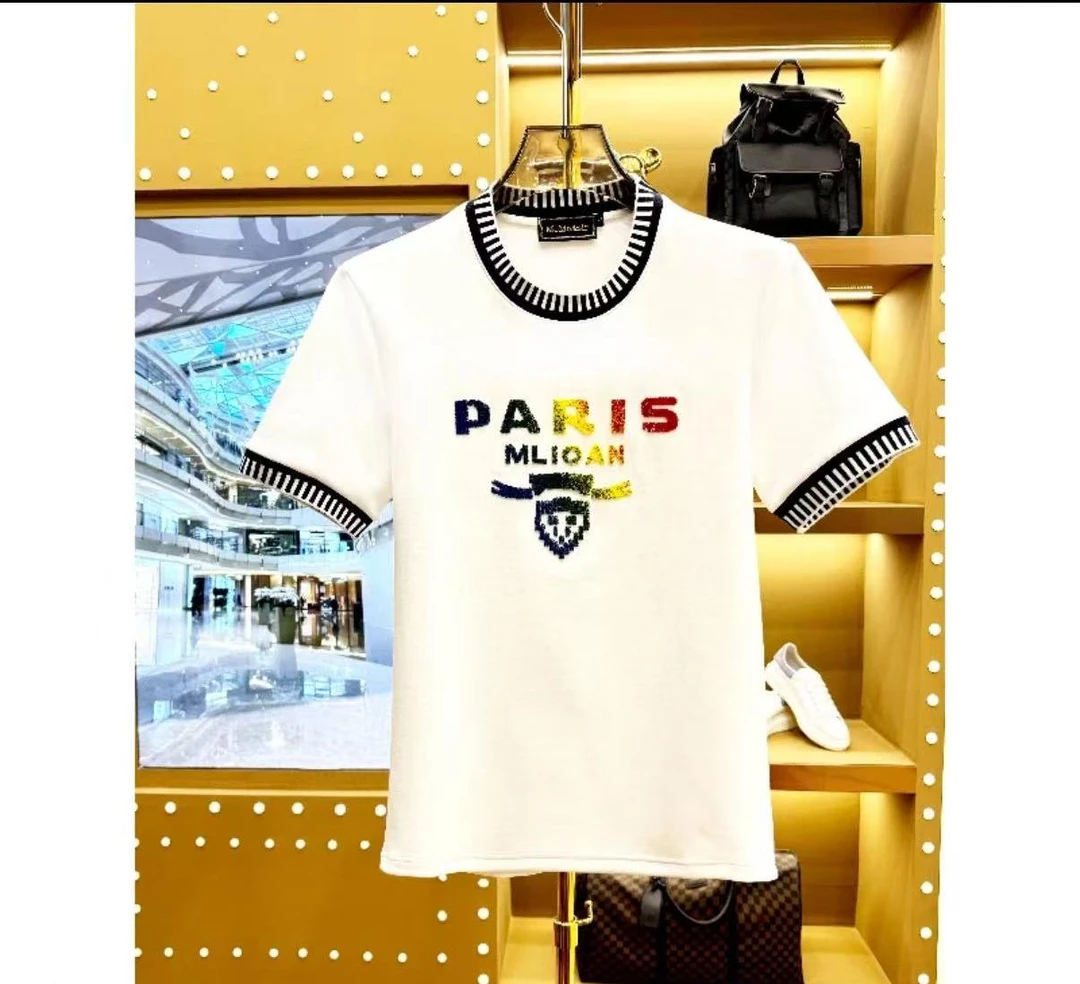 2025夏季新款男士男款休閑黑色半袖修身刺绣圓領設計師9199款-00