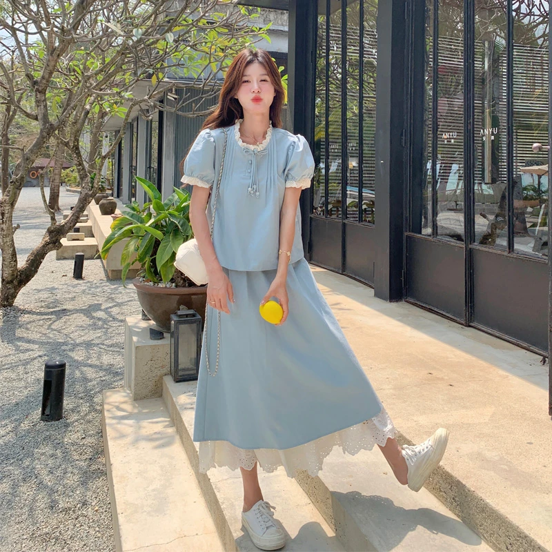 韩系小清新套装裙2025女夏新款甜美减龄蕾丝拼接泡泡袖上衣半身裙