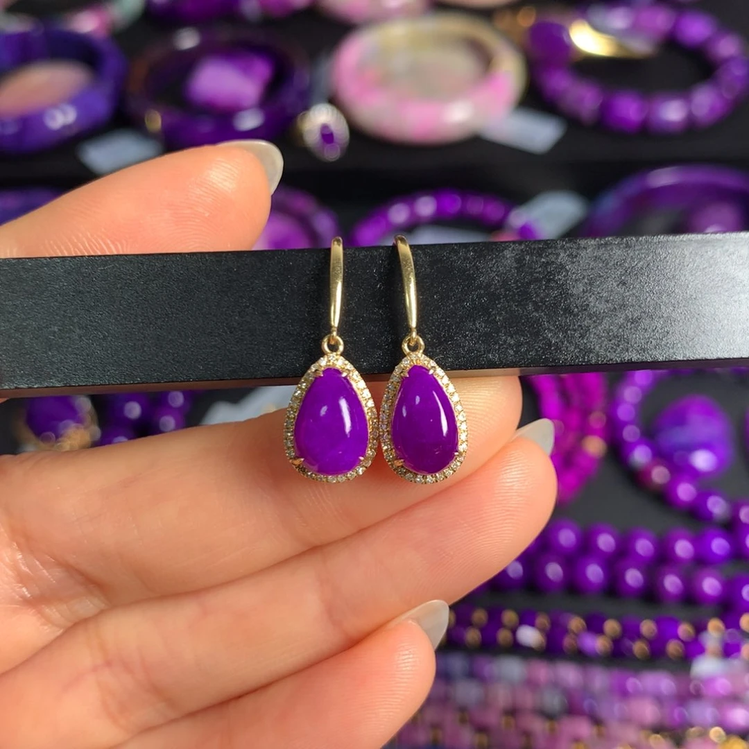 苏纪石（舒俱来）凝胶紫耳钩一对18K金镶嵌