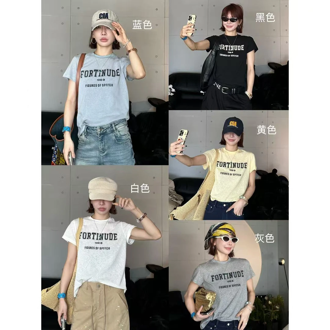 Lucky Unique活力印花字母印花女士通勤百搭短袖T恤 50753T