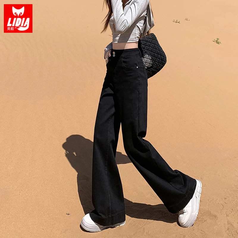 黑色不贴腿阔腿微喇牛仔裤女2025秋季新款高腰宽松显瘦拖地裤子潮