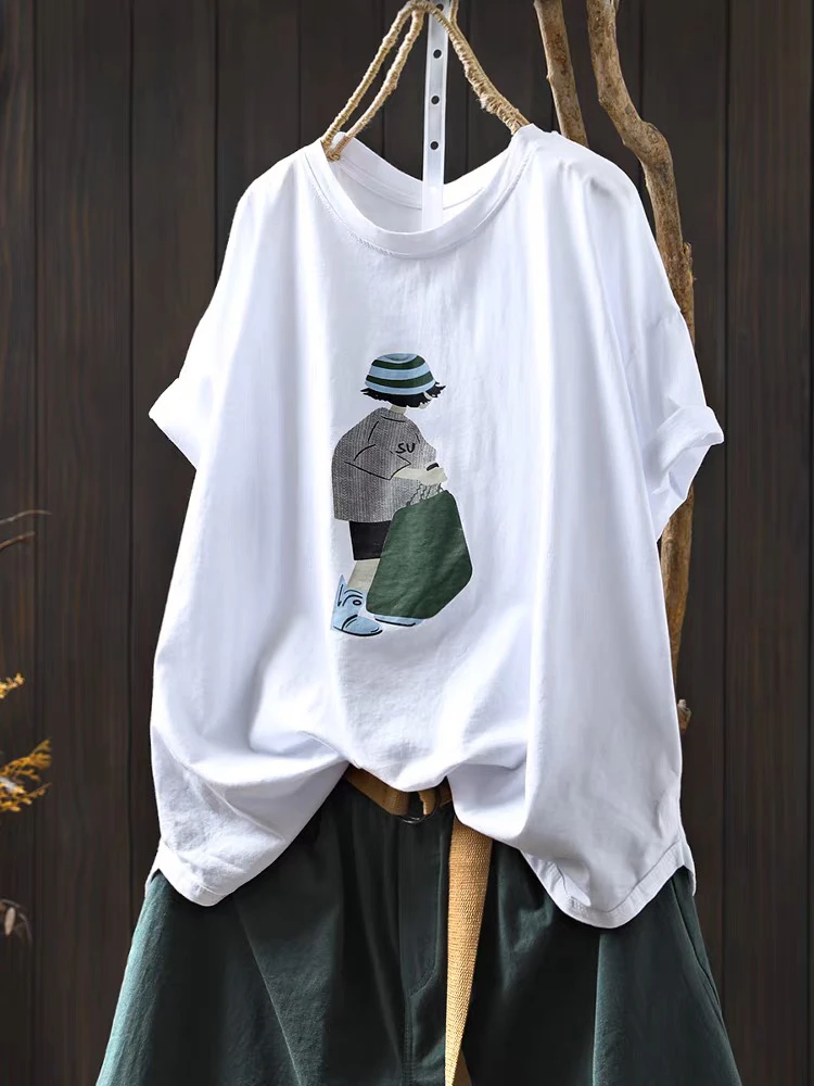 卡通女孩印花白色短袖t恤女2025新款夏季宽松休闲百搭圆领上衣潮