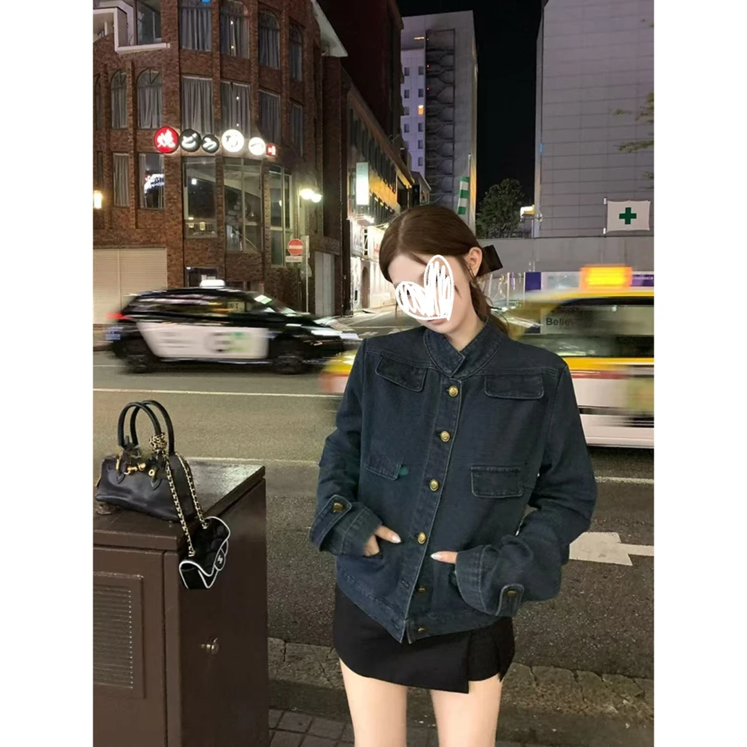 【牛仔也老钱】中古立领正肩口袋丹宁牛仔外套上衣女秋Y3776