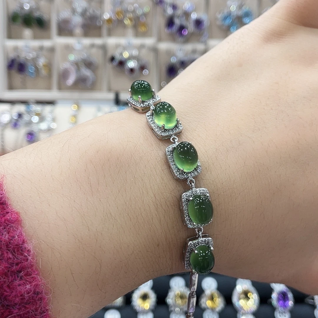 薰***草蛇纹石玉银S925镶嵌手链