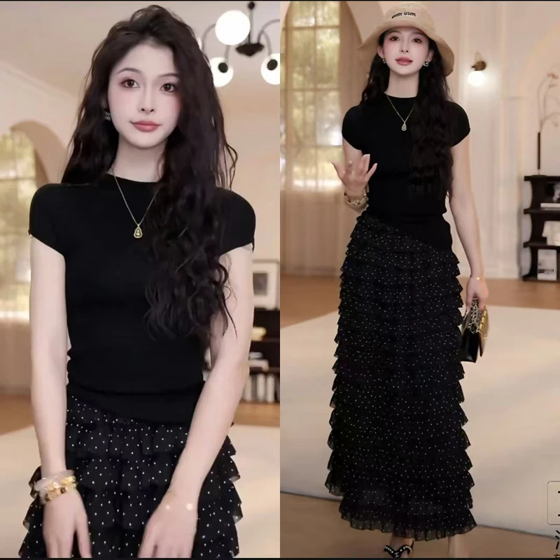 夏季穿搭一整套女百搭针织上衣设计感显瘦半身裙两件套