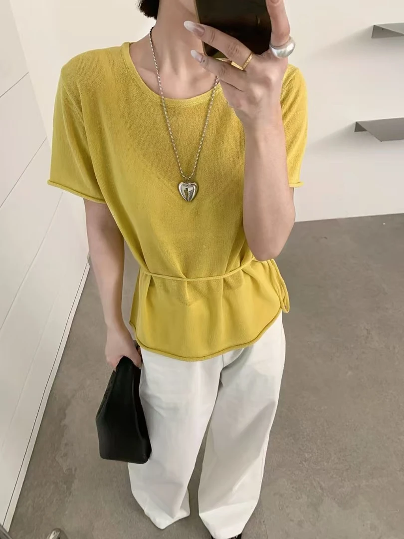 【香姐推荐】【5915】夏季时尚新款亚麻针织上衣系带百搭