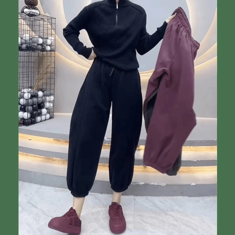 秋季时尚新款女士百搭显瘦遮胯高腰束脚弯刀九分休闲卫裤休闲宽松