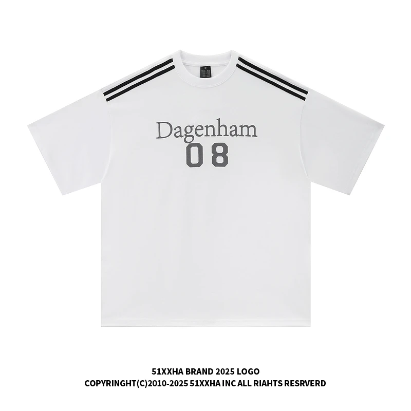 51嘻哈复古vintage运动风印花圆领体恤街头条纹宽松重磅短袖T恤男