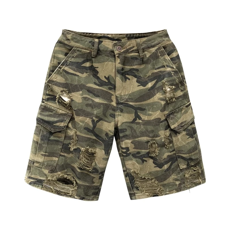 霍科比特男破洞迷彩牛仔短裤潮牌五分裤宽松直筒休闲百搭牛仔短裤