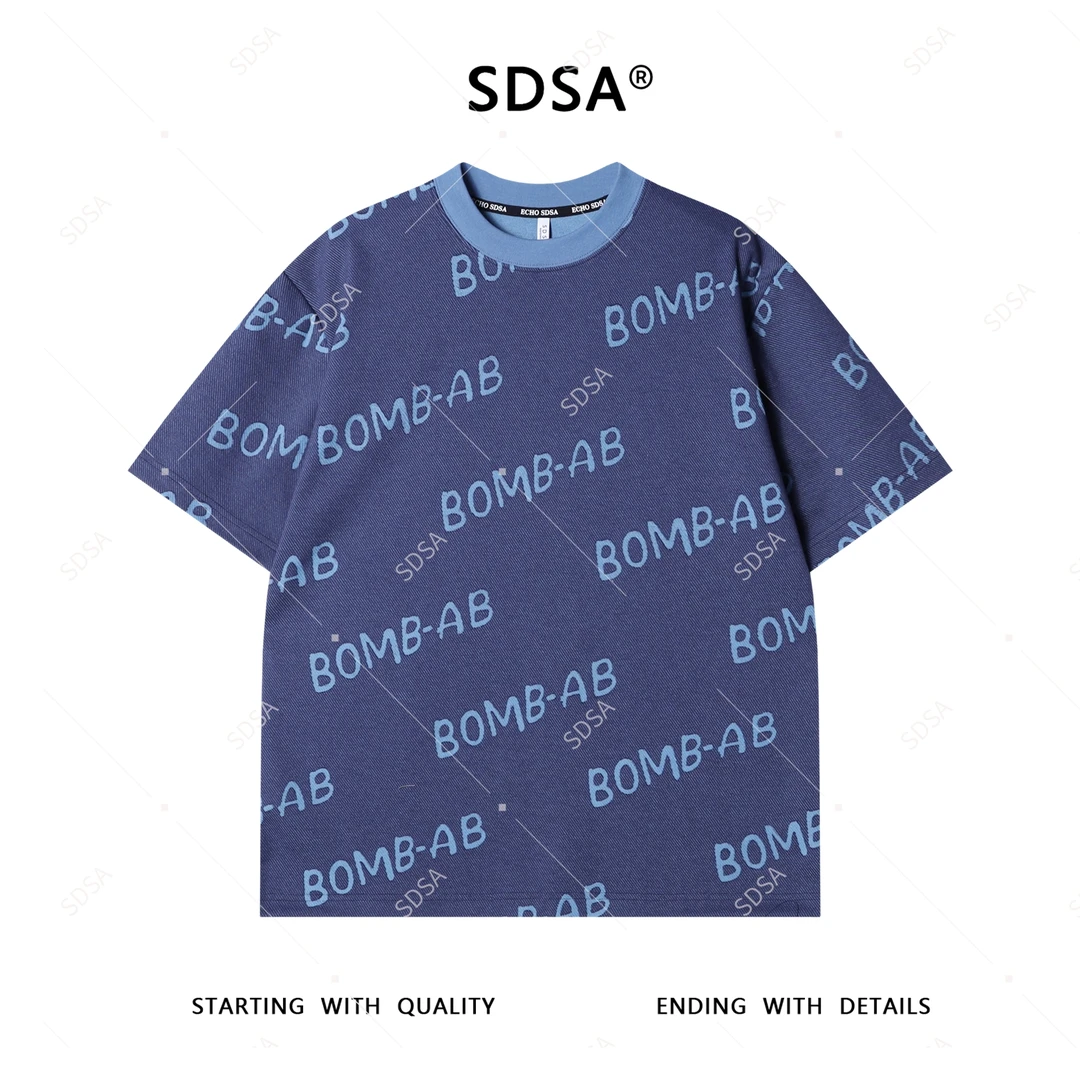 夏季高级感新款男士满印磨破字母设计短袖T恤时尚痞帅圆领上衣潮