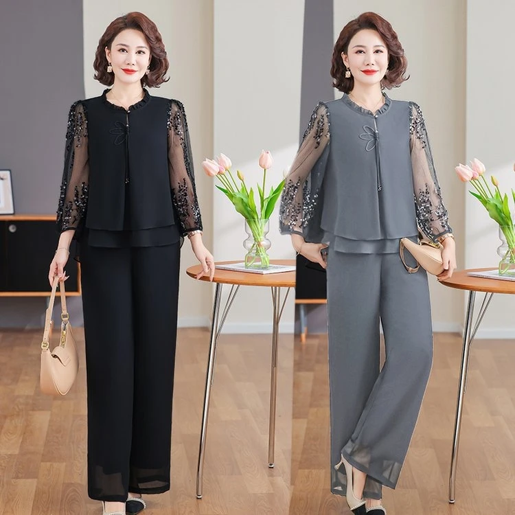 2025新款春夏妈妈装薄款时尚套装高端衬衣女装洋气减龄T恤两件套