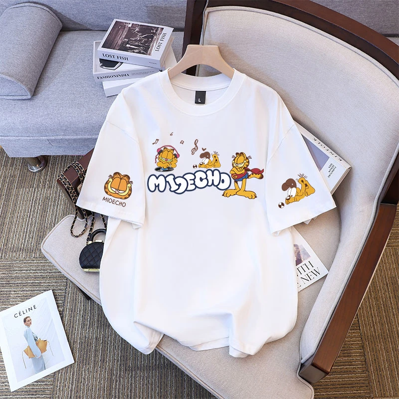 美式潮流卡通加菲猫印花男女童新款短袖T恤中大童休闲上衣#V9045