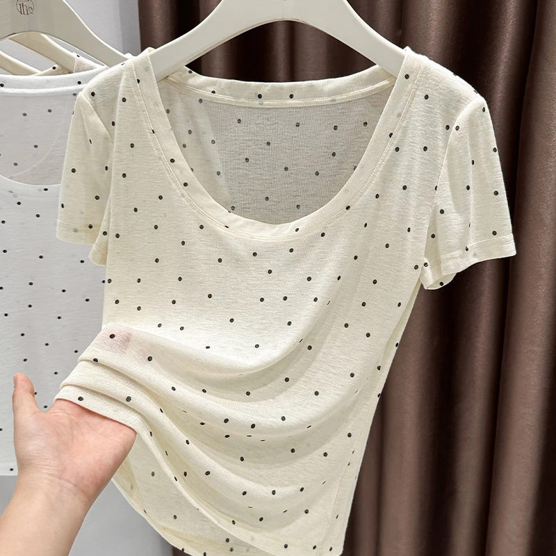 杏色波点印花设计感短袖上衣夏季薄透针织正肩T恤薄款修身小衫女