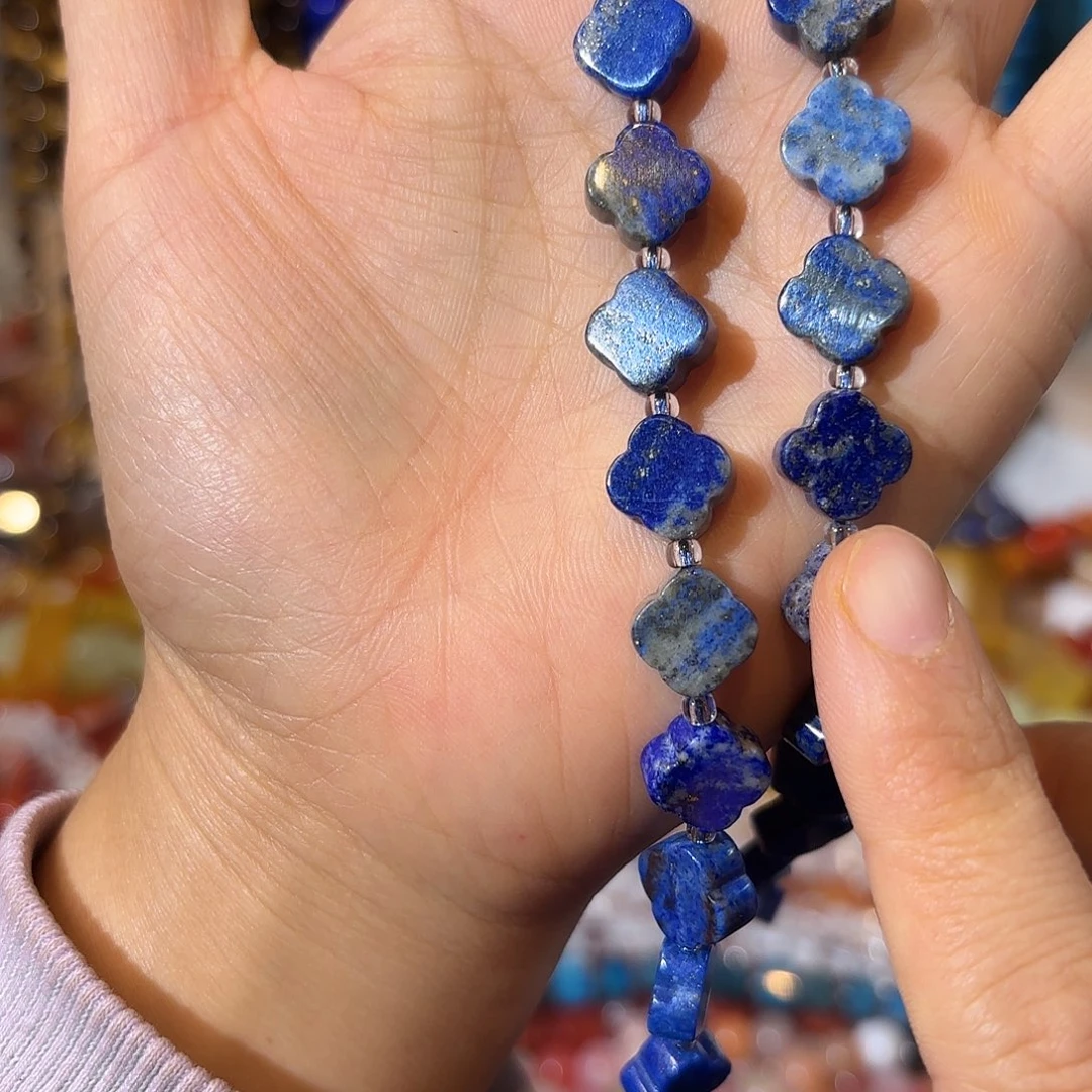 玛瑙/玉髓银S925镀金镶嵌珠宝半成品青金四叶草一条