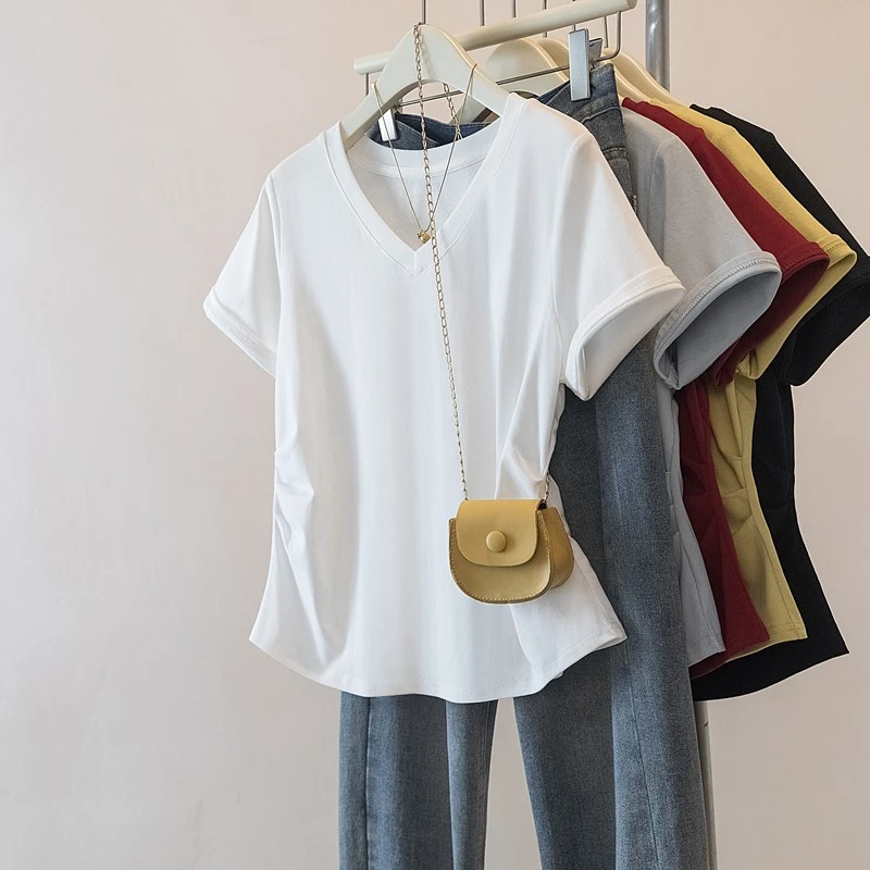 夏季极简风简约短袖夏季修身不规则女T恤短款时尚休闲百搭纯色ins