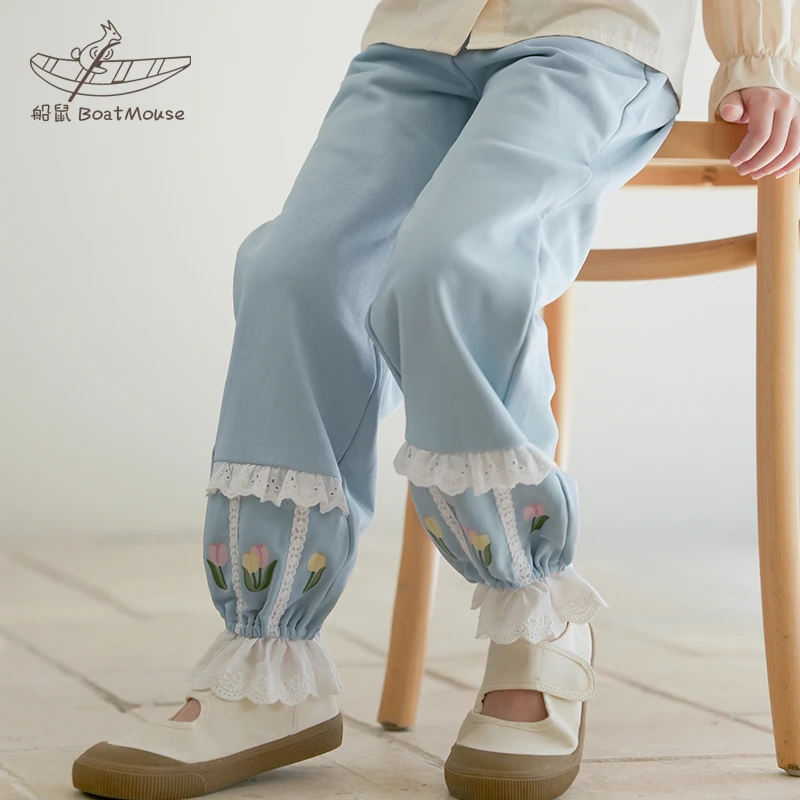 船鼠女童卫裤束脚花边宽松运动裤小女孩休闲裤儿童裤子长裤春秋款