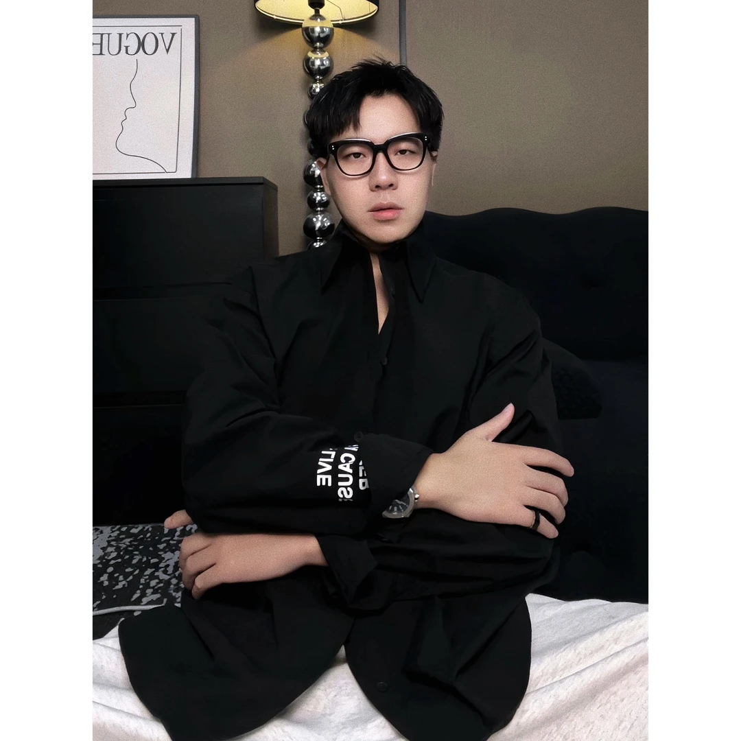 纯色百搭男友风慵懒感宽松印花上衣衬衫衬衣修身型休闲长袖韩版