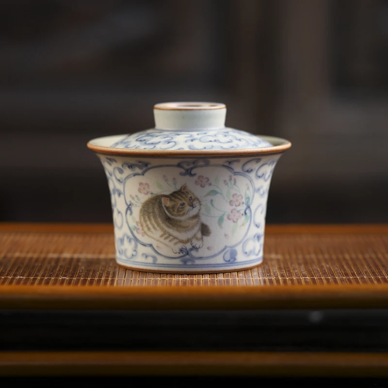 【九姐爱喝茶】猫咪赏花马蹄盖碗,满容140ml（朴碗0225）