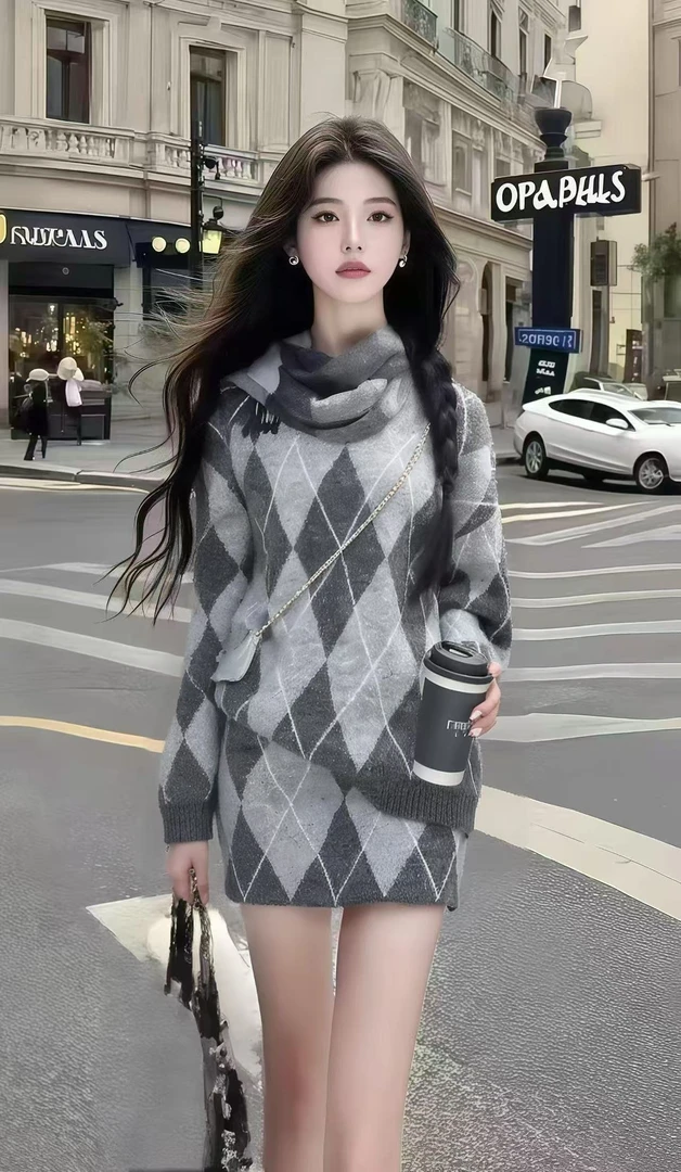 韩版秋冬氛围感穿搭撞色格子针织长袖上衣+针织包臀半身裙两件套