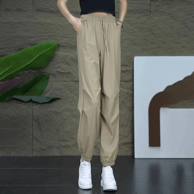 拉夏贝尔运动休闲速干裤女夏薄款2025新款高腰显瘦九分束脚哈伦裤