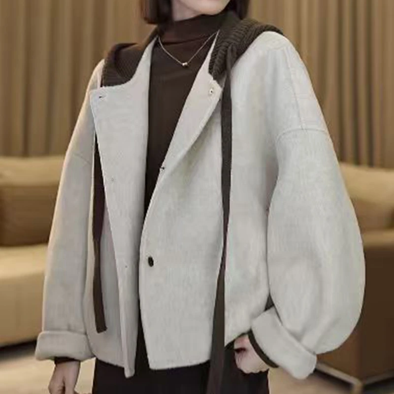 2513连帽撞色宽松气质慵懒风女装短款大衣