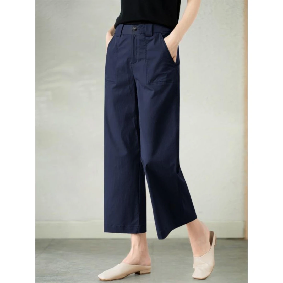 2025夏季新款休闲九分裤女藏青色纯棉阔腿裤高腰宽松显瘦直筒裤女