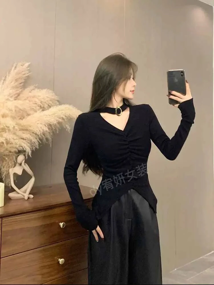 辣妹磨毛秋冬V领挂脖气质打底衫女开叉内搭上衣