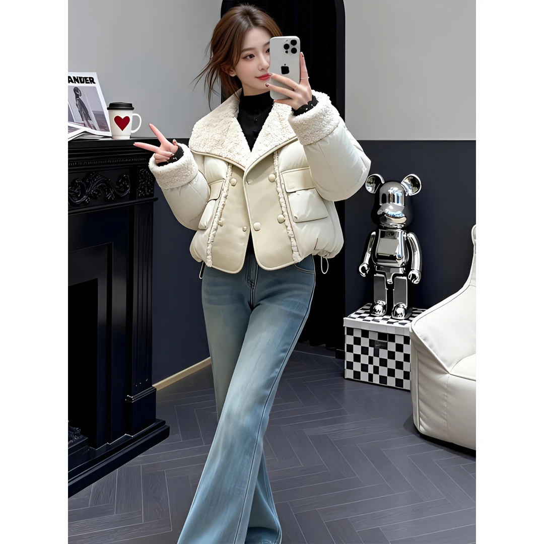韩系毛毛拼接短款棉服2025冬季时尚洋气独特超好看夹棉加厚外套