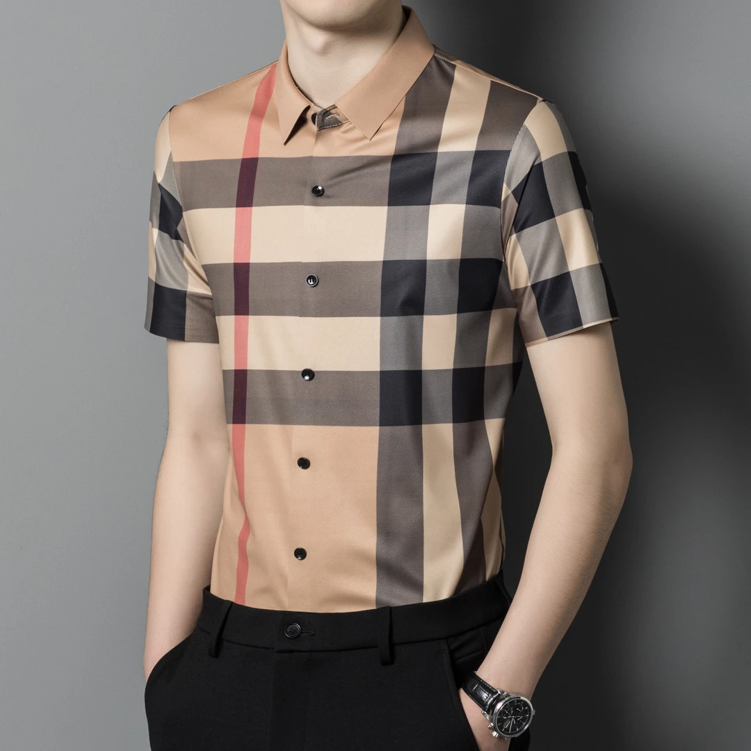 欧洲轻奢LUNBBLRRY夏季冰丝短袖衬衫男高档商务休闲格子半袖衬衣