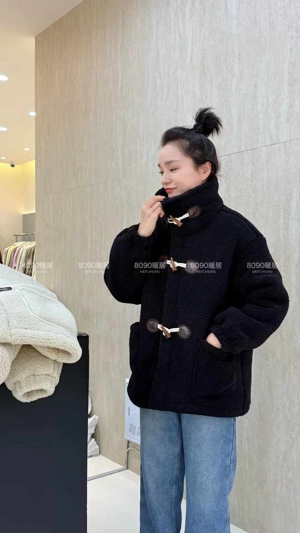 过冬必备【8090暖居】麦穗绒立领牛角扣外套三层加绒加厚NJ-24239