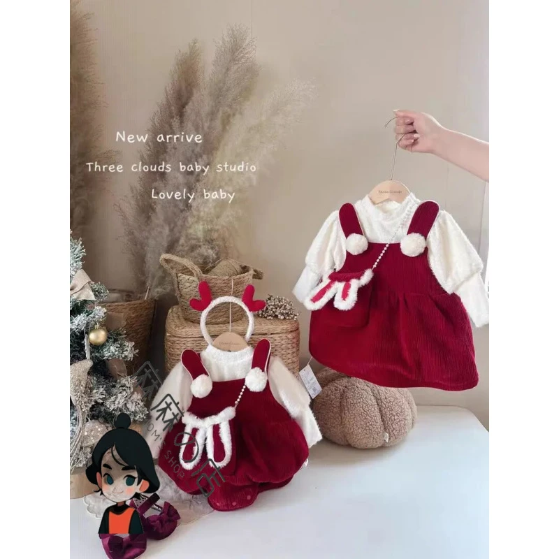 女童连衣裙冬装新款女宝宝周岁礼服小童加绒两件套冬季儿童装红色