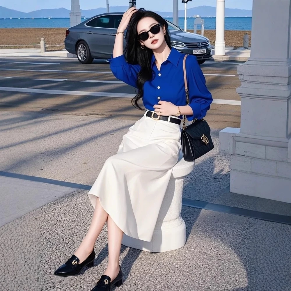 2025春季穿搭一整套高级感旅游度假小香风克莱因蓝衬衫半身裙套装