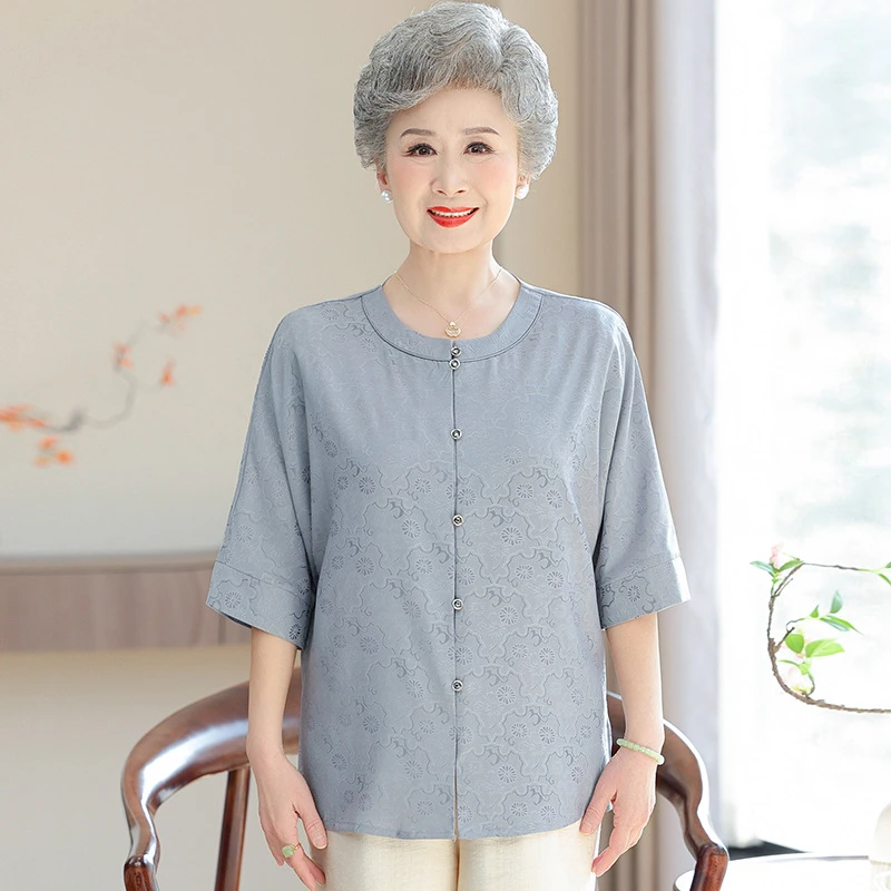 2025新款中老人女装衬衣妈妈装圆领上衣服老太太夏装奶奶中袖衬衫
