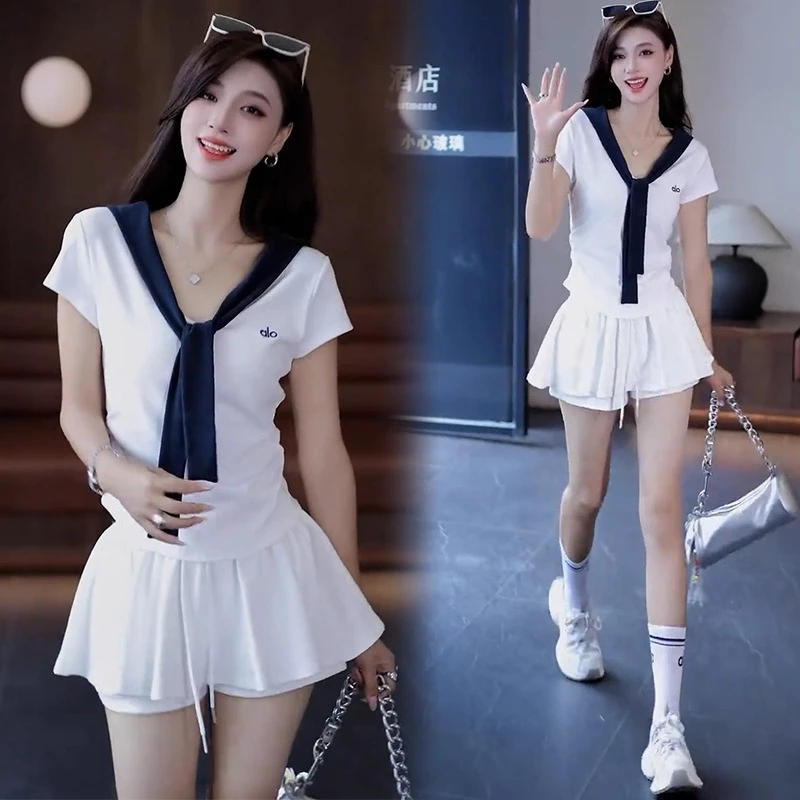 休闲运动套装女夏季新款洋气显瘦海军领短袖T恤芭蕾裙裤两件套潮