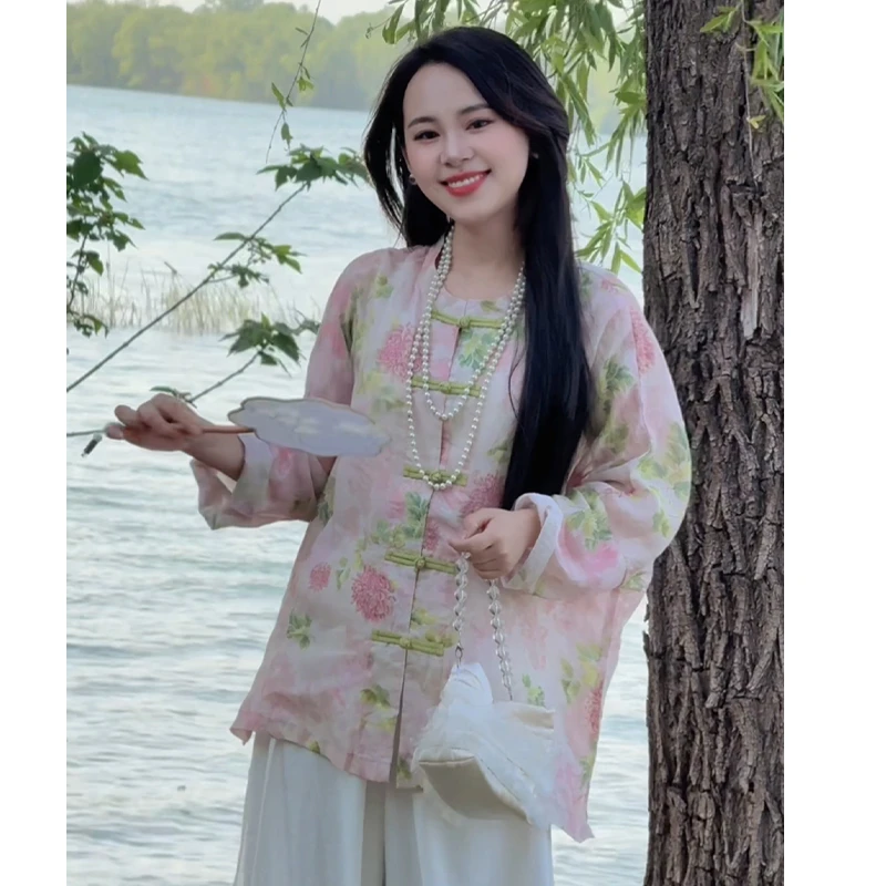 纯苎麻新中式女装印花盘扣长袖衬衫夏季古风禅意减龄百搭开衫上衣