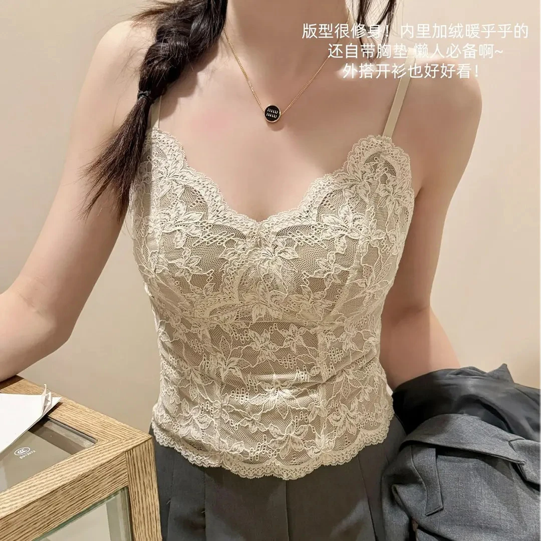蕾丝花边带胸垫美背内搭背心吊带女磨毛保暖纯欲修身显瘦打底上衣