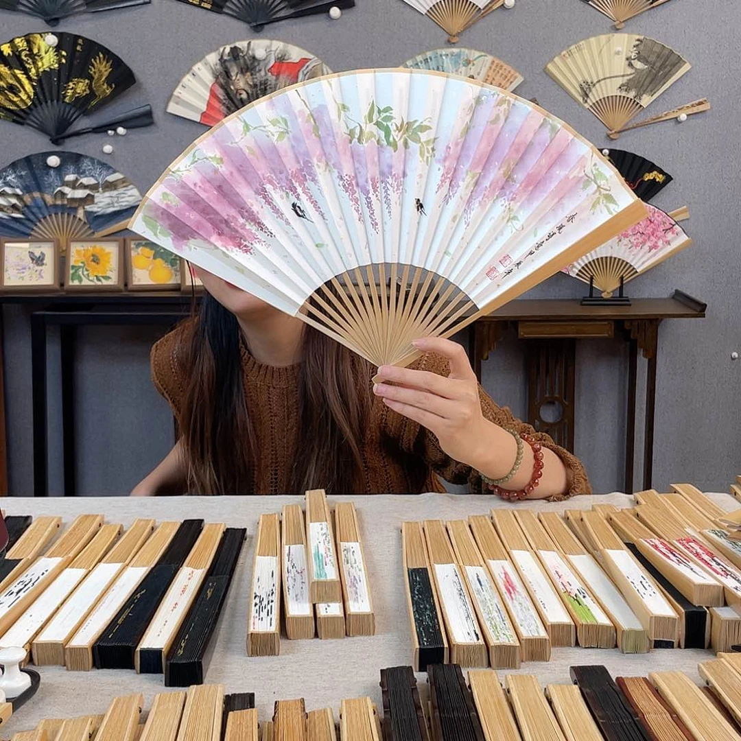 书法95寸玉竹-纯手绘-文玩扇骨（默认粘好）