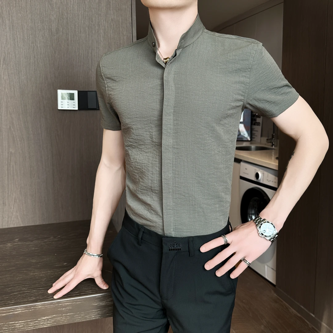 新中式立领男士短袖衬衫夏季韩版修身高级感潮流痞帅中国风衬衣