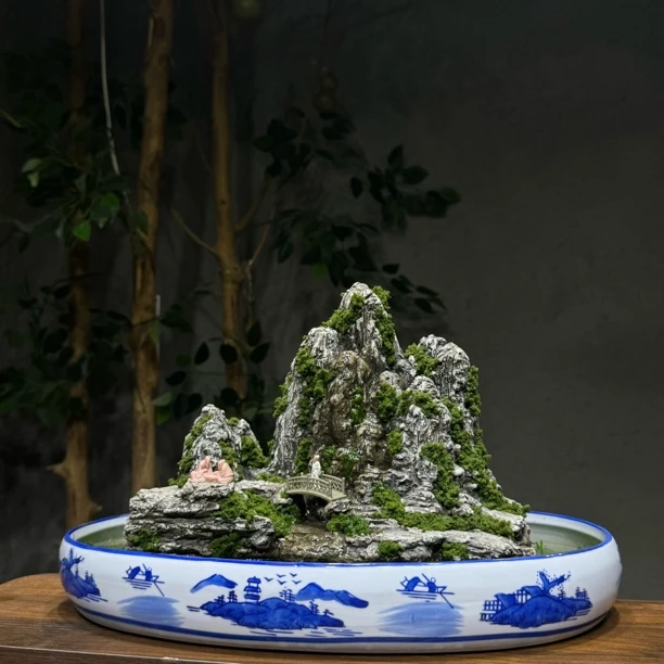 中式复古风格玉泉山桌面博古架书房茶桌流水假山微景观青花瓷一套