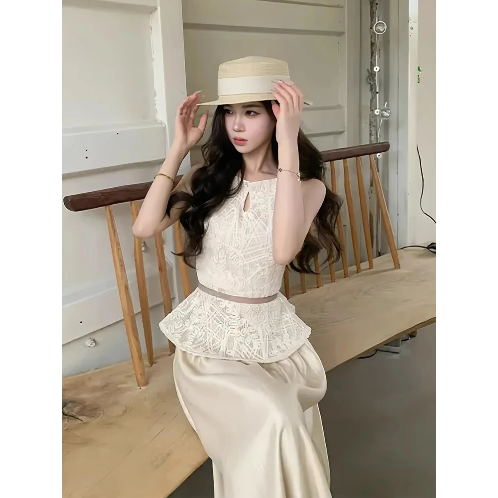 【锦绣华章】法式甜美风套装女夏2025新款拼接无袖上衣半身裙两件套