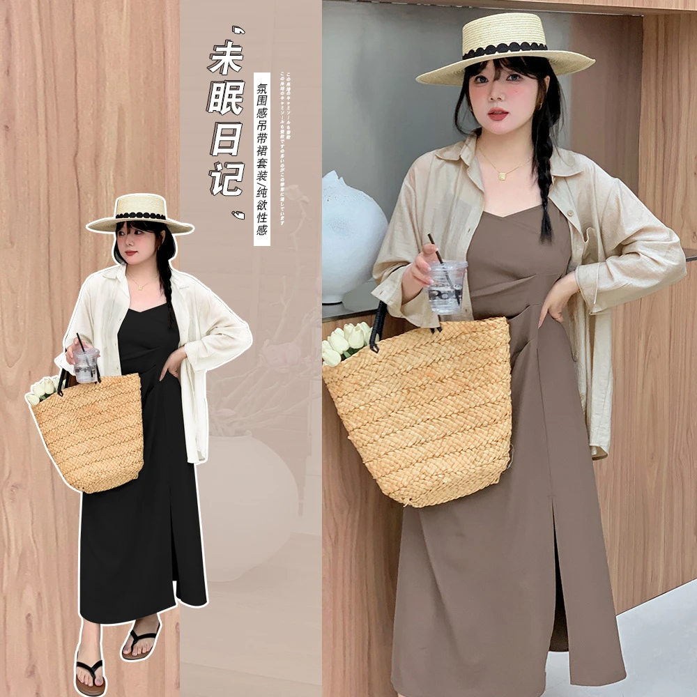 夏季法式茶歇吊带连衣裙套装女大码气质温柔风衬衫长裙两件套