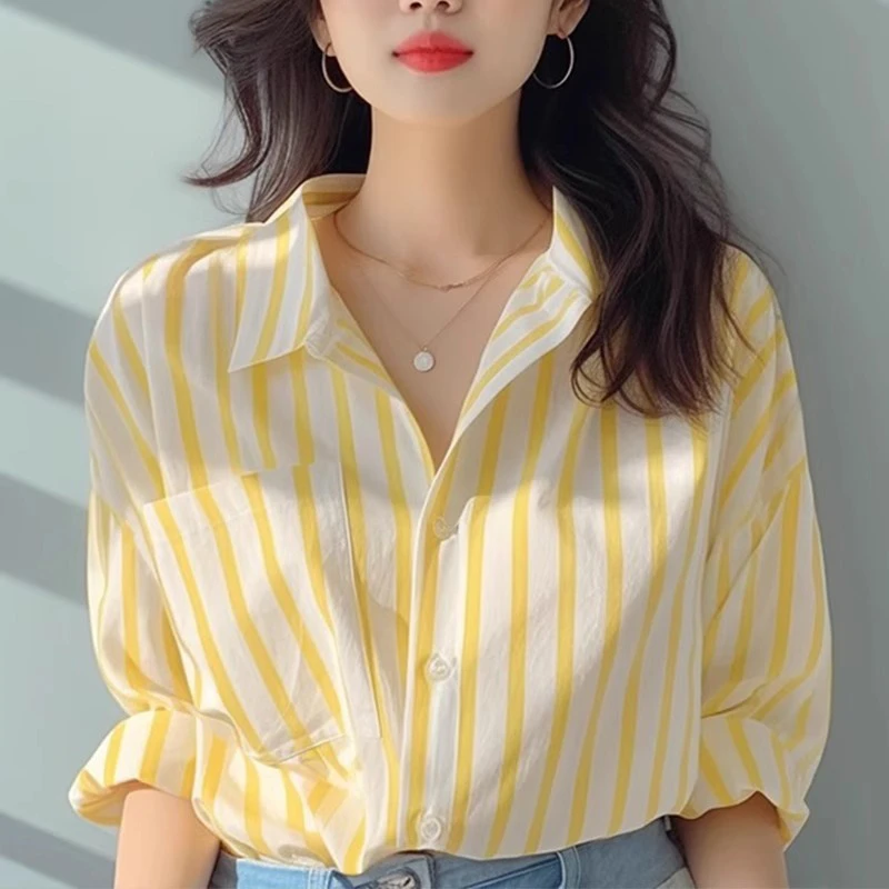 哥弟阿玛施正品韩版女士条纹长袖衬衫显瘦女装防晒条纹衬衣