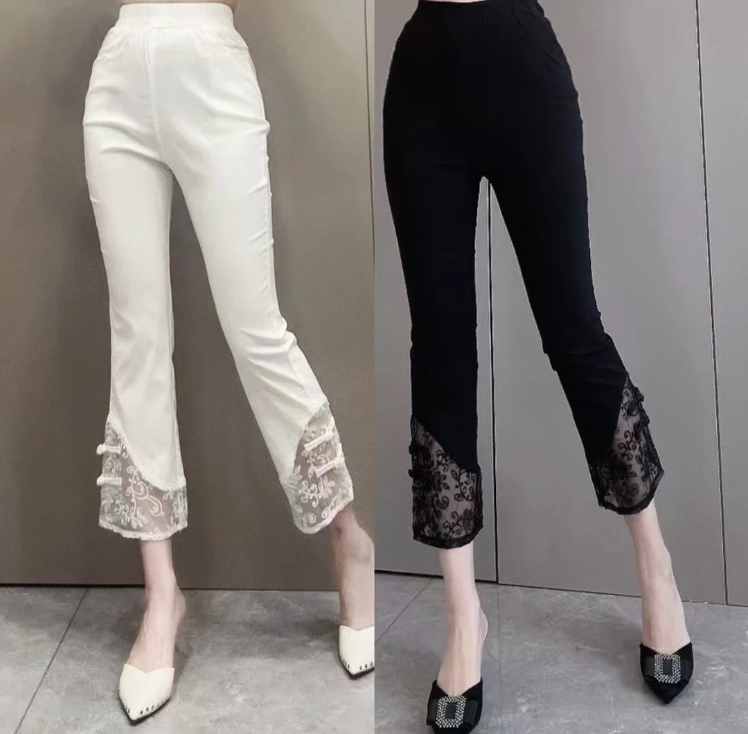 新款中国风大码高腰休闲裤直筒裤子显瘦夏季盘扣蕾丝七分裤潮6271
