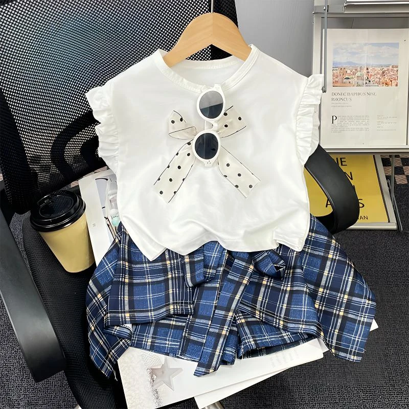夏季女童格子半身裙套装甜美洋气女宝宝蝴蝶结短袖T恤两件套女孩