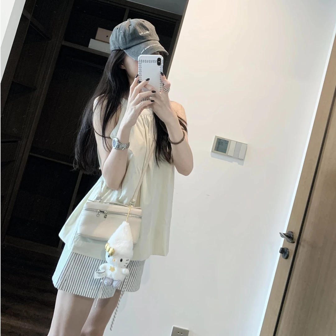 白色挂脖无袖衬衫上衣女2025夏季高腰竖条纹抽绳阔腿短裤两件套装