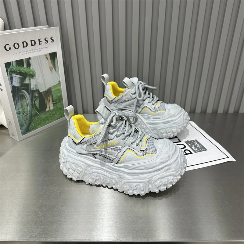 女鞋时尚百搭休闲夏季透气潮流厚底网面系带拼色拼接春季ins潮鞋